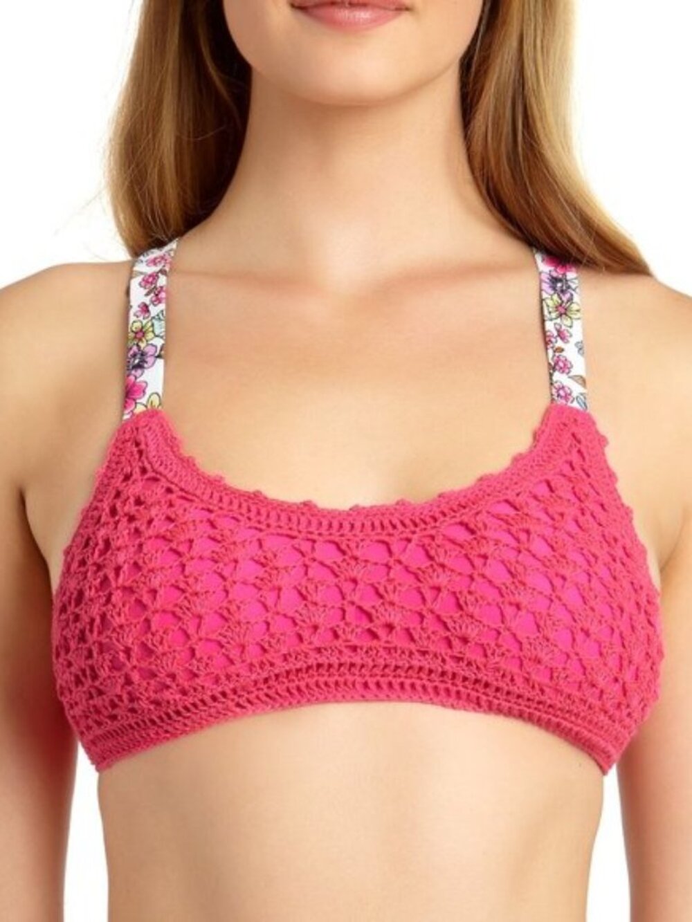 CALIFORNIA WAVES Crochet Bralette Bikini Top sz S Small Pink Swimwear.